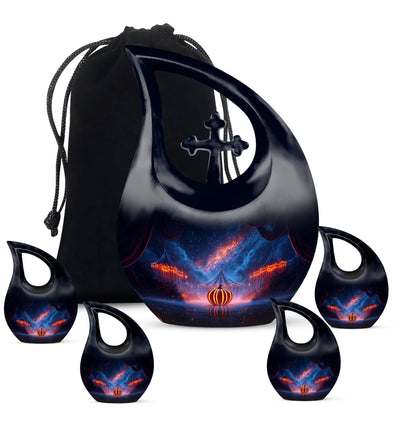 Sapphire Blue Halloween Cremation Urn urn with complimentary velvet bag - devotional cross-drop halloween engraving - memorial set with one large and four small urns