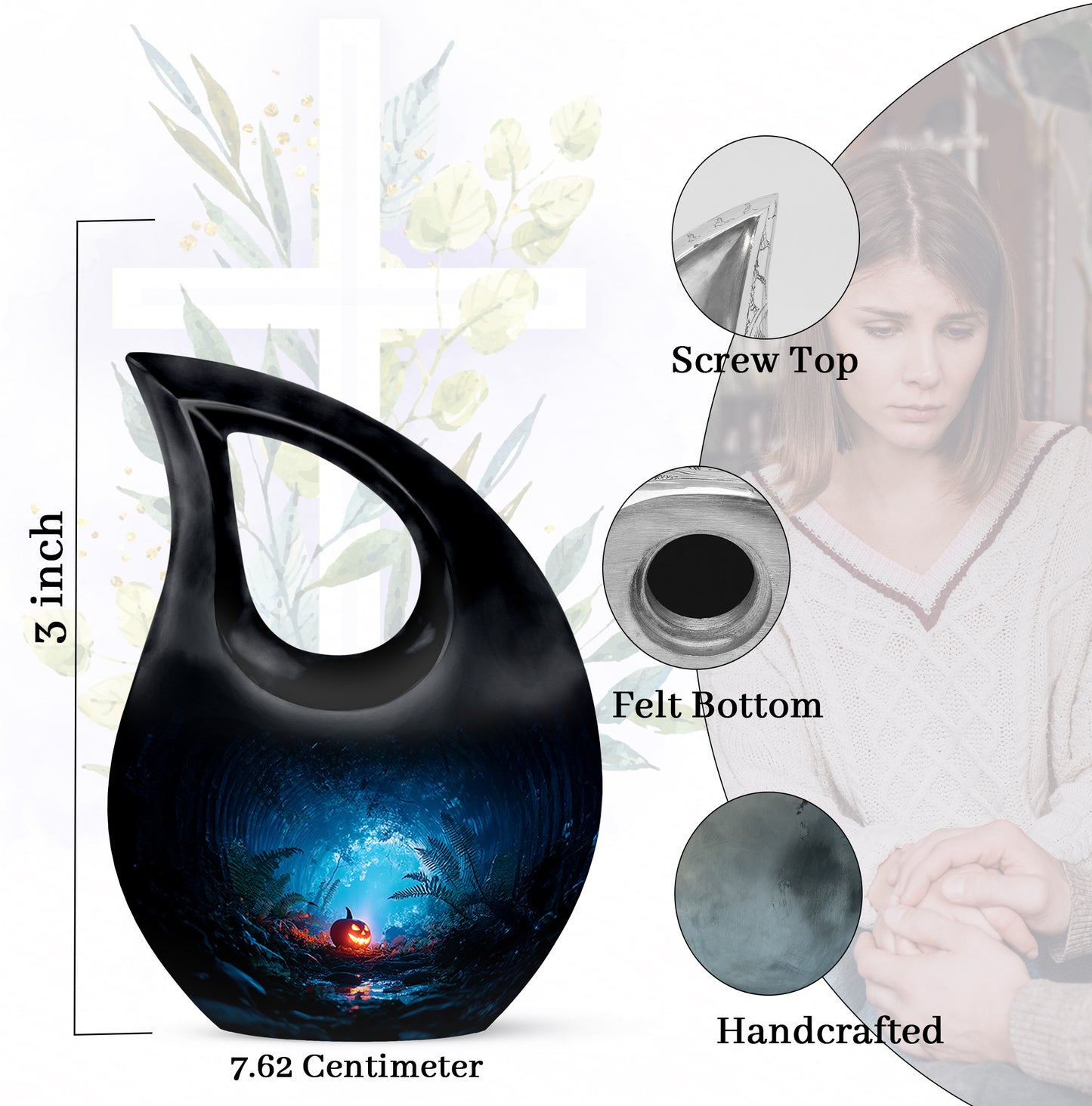 Obsidian Black Halloween Cremation Urn back view with polished surface - devotional cross-drop halloween engraving - mini keepsake memorial for portion of cremation ashes