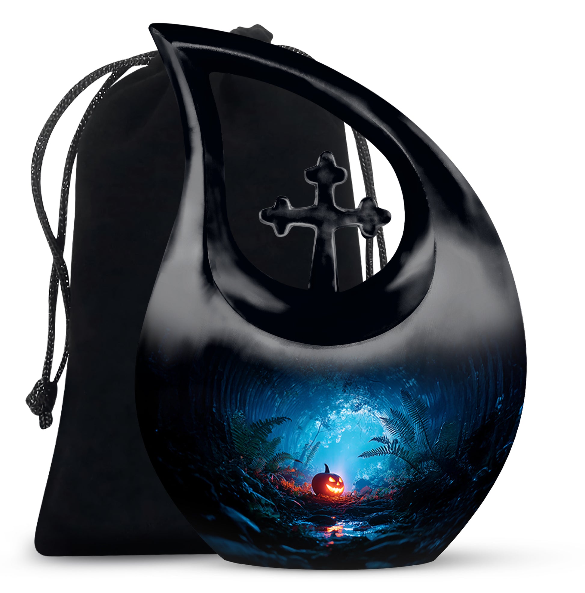 Jet Black Halloween Cremation Urn top-down view of secure threaded lid - sacred cross merged with halloween motif on metal - full-size 10 inch 200 cubic inch adult cremation urn