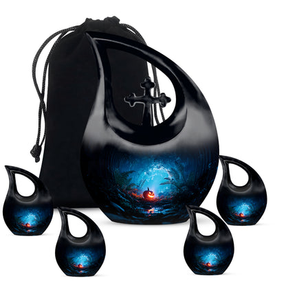 Ebony Halloween Cremation Urn urn with complimentary velvet bag - cross and halloween combined in spiritual memorial design - memorial set with one large and four small urns