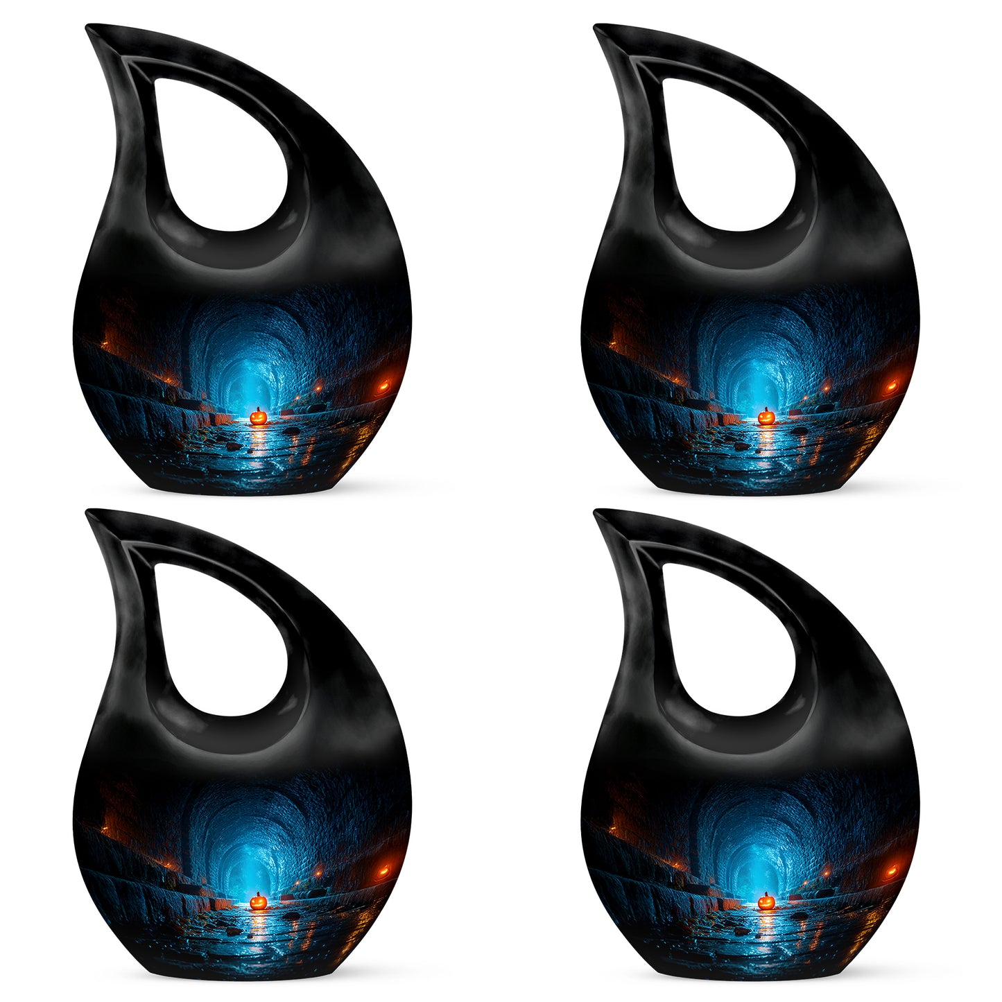 Dark Black Halloween Cremation Urn lifestyle display on memorial shelf - faith-inspired cross-drop urn with halloween pattern - 10 inch aluminum urn for cremated remains