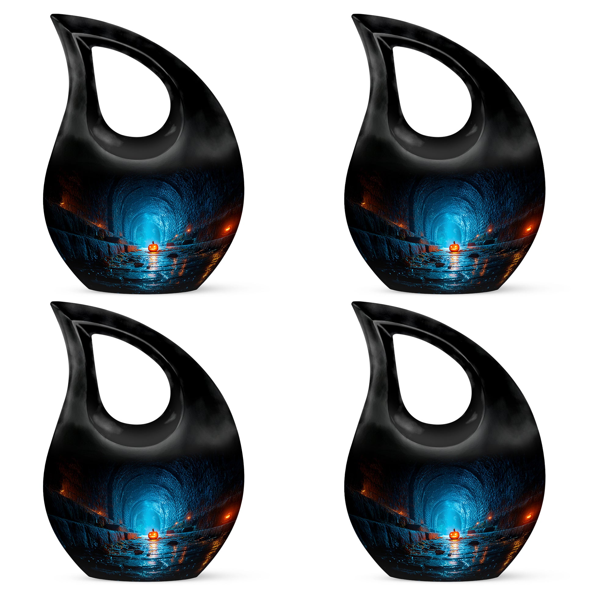 Dark Black Halloween Cremation Urn lifestyle display on memorial shelf - faith-inspired cross-drop urn with halloween pattern - 10 inch aluminum urn for cremated remains