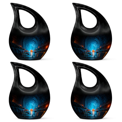 Dark Black Halloween Cremation Urn lifestyle display on memorial shelf - faith-inspired cross-drop urn with halloween pattern - 10 inch aluminum urn for cremated remains