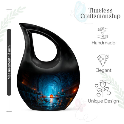 Onyx Black Halloween Cremation Urn back view with polished surface - devotional cross-drop halloween engraving - mini keepsake memorial for portion of cremation ashes