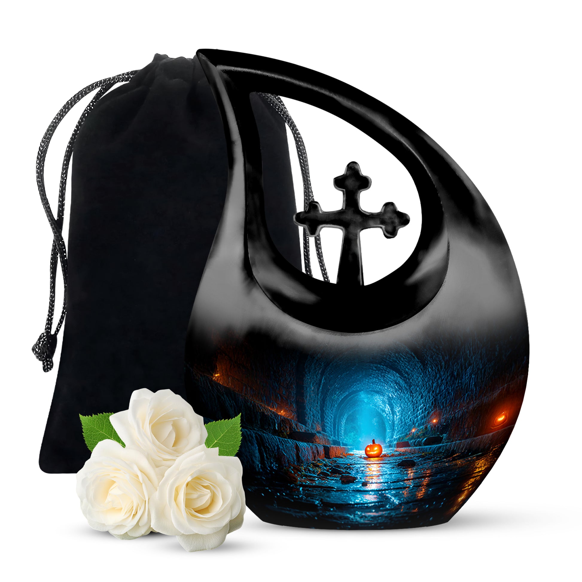 Rich Black Halloween Cremation Urn top-down view of secure threaded lid - sacred cross merged with halloween motif on metal - full-size 10 inch 200 cubic inch adult cremation urn