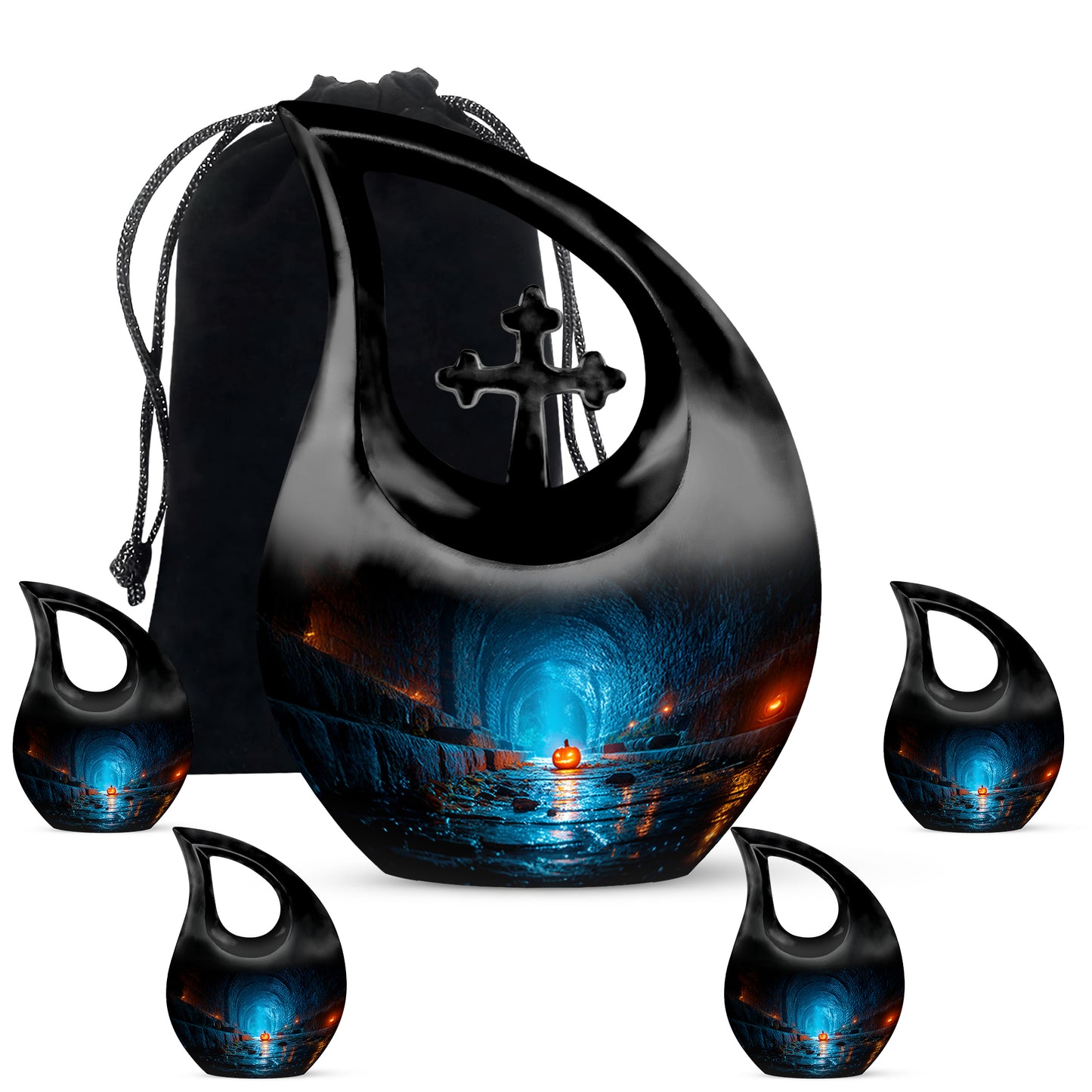 Glossy Black Halloween Cremation Urn urn with complimentary velvet bag - cross and halloween combined in spiritual memorial design - memorial set with one large and four small urns