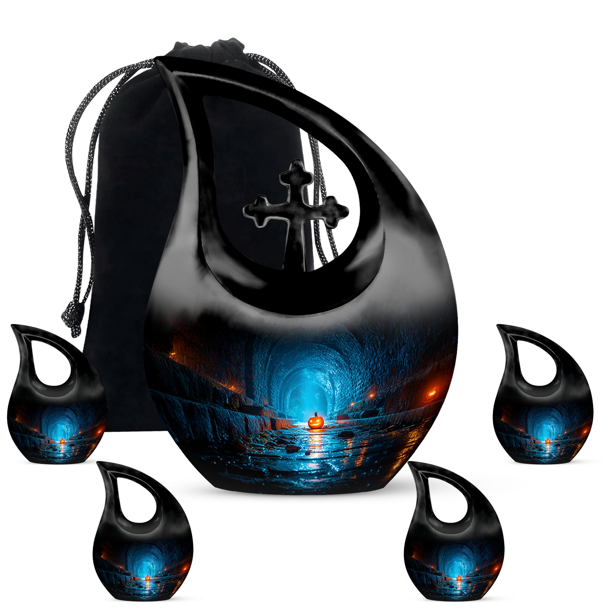 Glossy Black Halloween Cremation Urn urn with complimentary velvet bag - cross and halloween combined in spiritual memorial design - memorial set with one large and four small urns