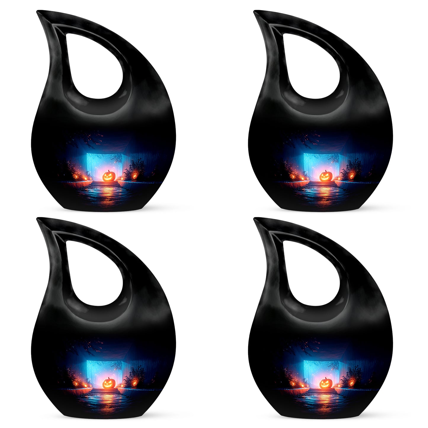 Rich Black Halloween Cremation Urn lifestyle display on memorial shelf - cross and halloween combined in spiritual memorial design - 10 inch aluminum urn for cremated remains