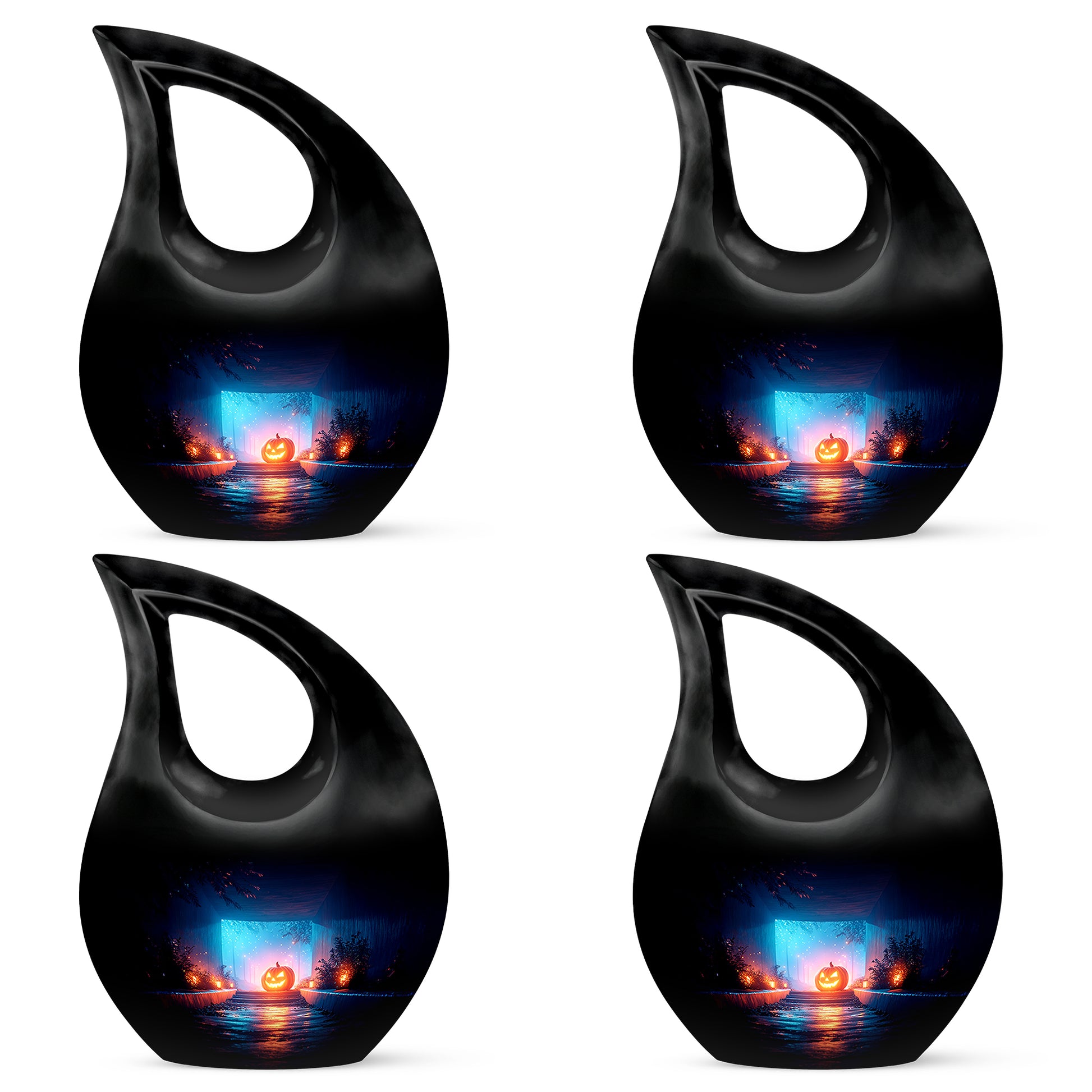 Rich Black Halloween Cremation Urn lifestyle display on memorial shelf - cross and halloween combined in spiritual memorial design - 10 inch aluminum urn for cremated remains