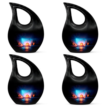 Rich Black Halloween Cremation Urn lifestyle display on memorial shelf - cross and halloween combined in spiritual memorial design - 10 inch aluminum urn for cremated remains