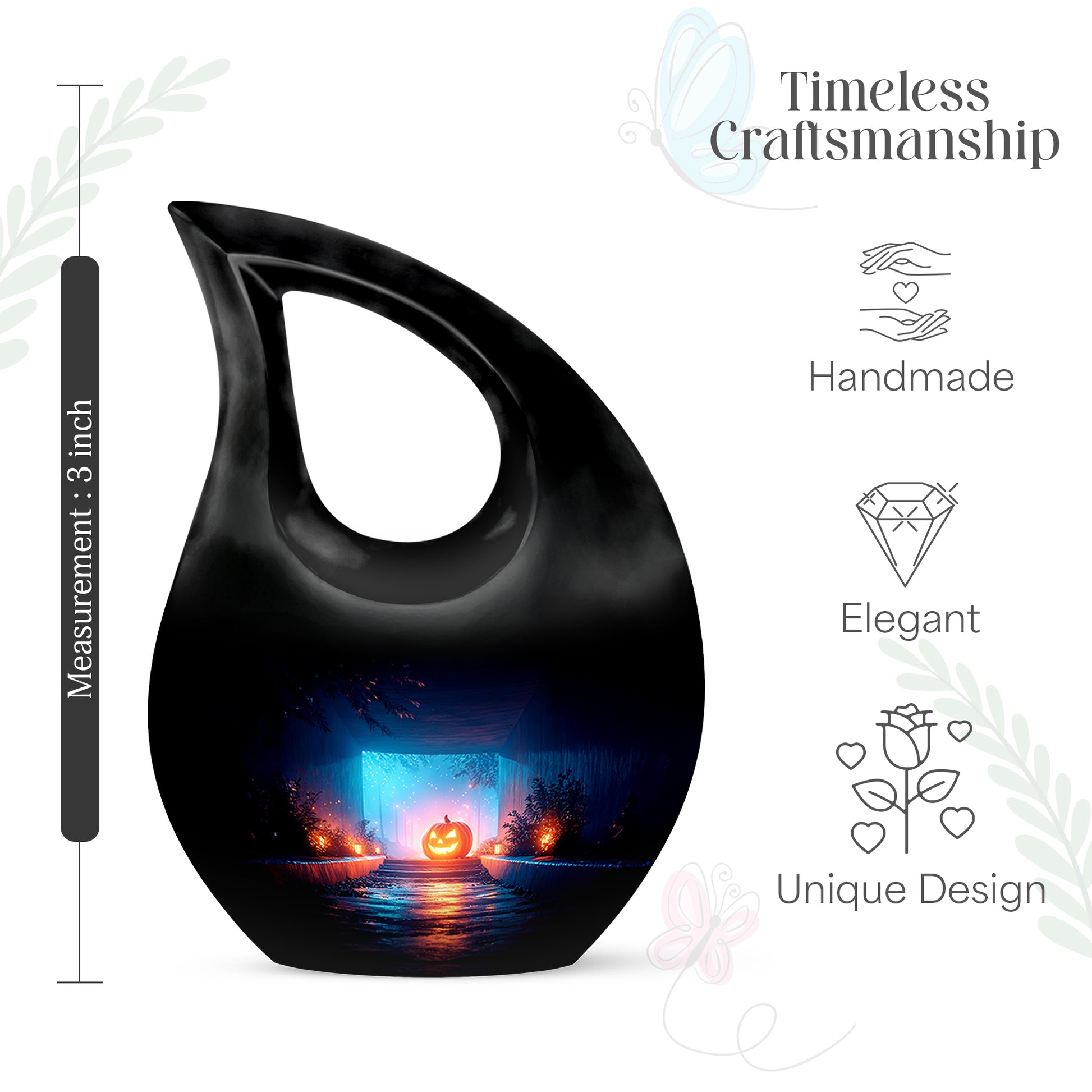 Midnight Black Halloween Cremation Urn back view with polished surface - faith-inspired cross-drop urn with halloween pattern - mini keepsake memorial for portion of cremation ashes