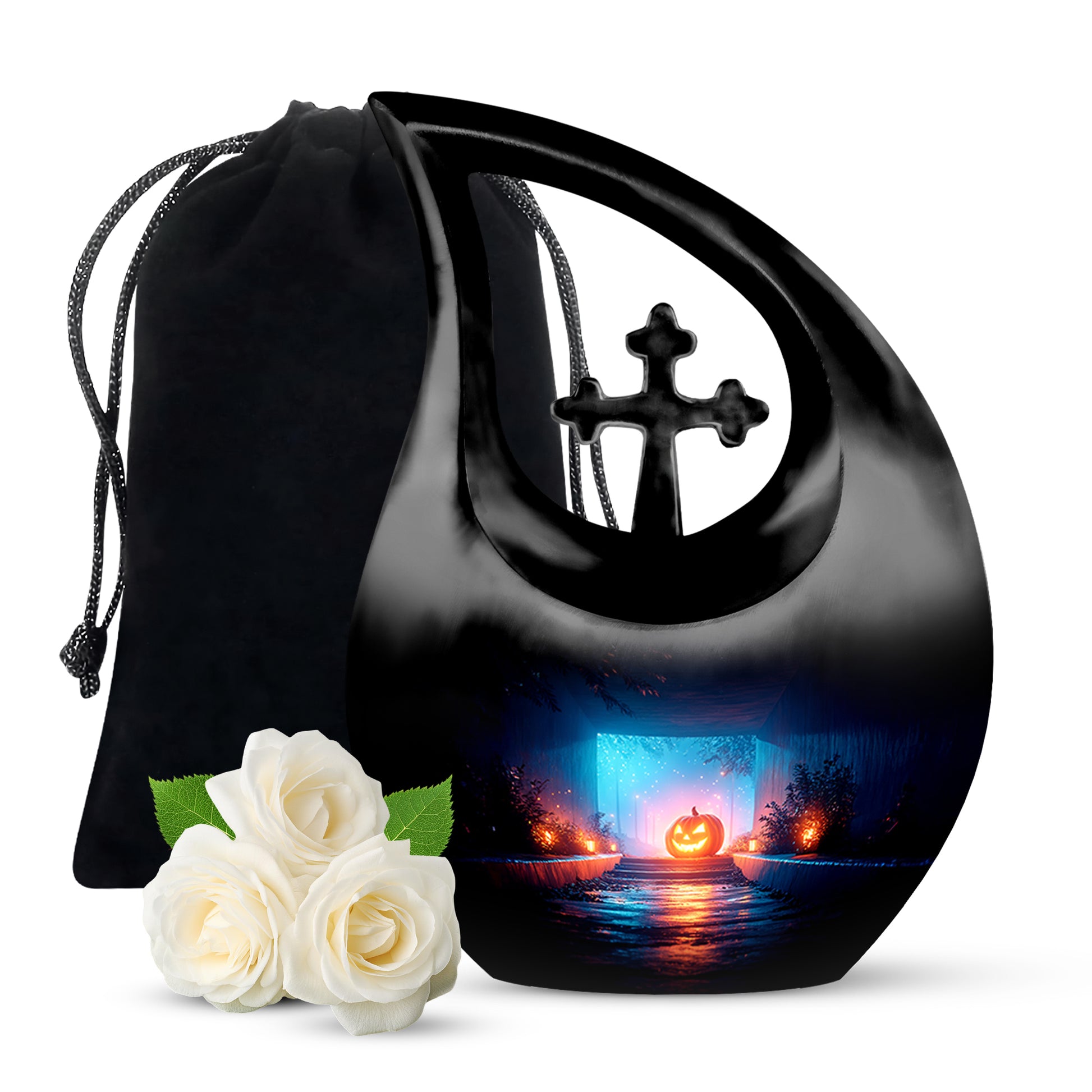 Jet Black Halloween Cremation Urn top-down view of secure threaded lid - sacred cross merged with halloween motif on metal - full-size 10 inch 200 cubic inch adult cremation urn