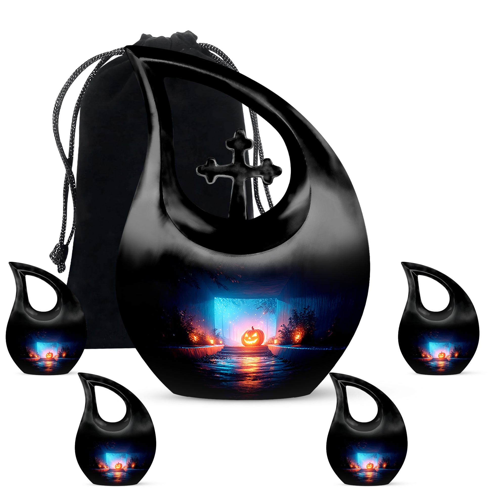 Jet Black Halloween Cremation Urn urn with complimentary velvet bag - cross and halloween combined in spiritual memorial design - memorial set with one large and four small urns