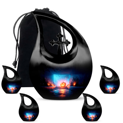 Jet Black Halloween Cremation Urn urn with complimentary velvet bag - cross and halloween combined in spiritual memorial design - memorial set with one large and four small urns