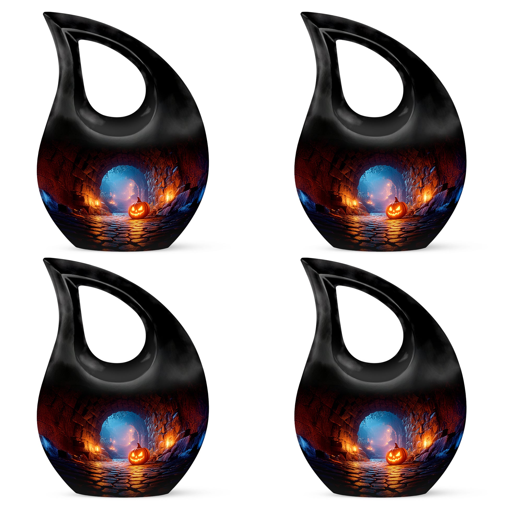 Glossy Black Halloween Cremation Urn lifestyle display on memorial shelf - sacred cross merged with halloween motif on metal - 10 inch aluminum urn for cremated remains