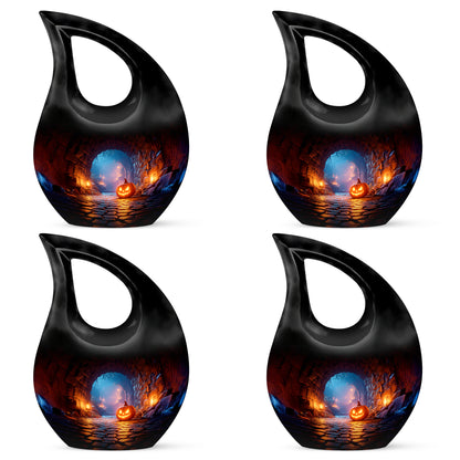 Glossy Black Halloween Cremation Urn lifestyle display on memorial shelf - sacred cross merged with halloween motif on metal - 10 inch aluminum urn for cremated remains