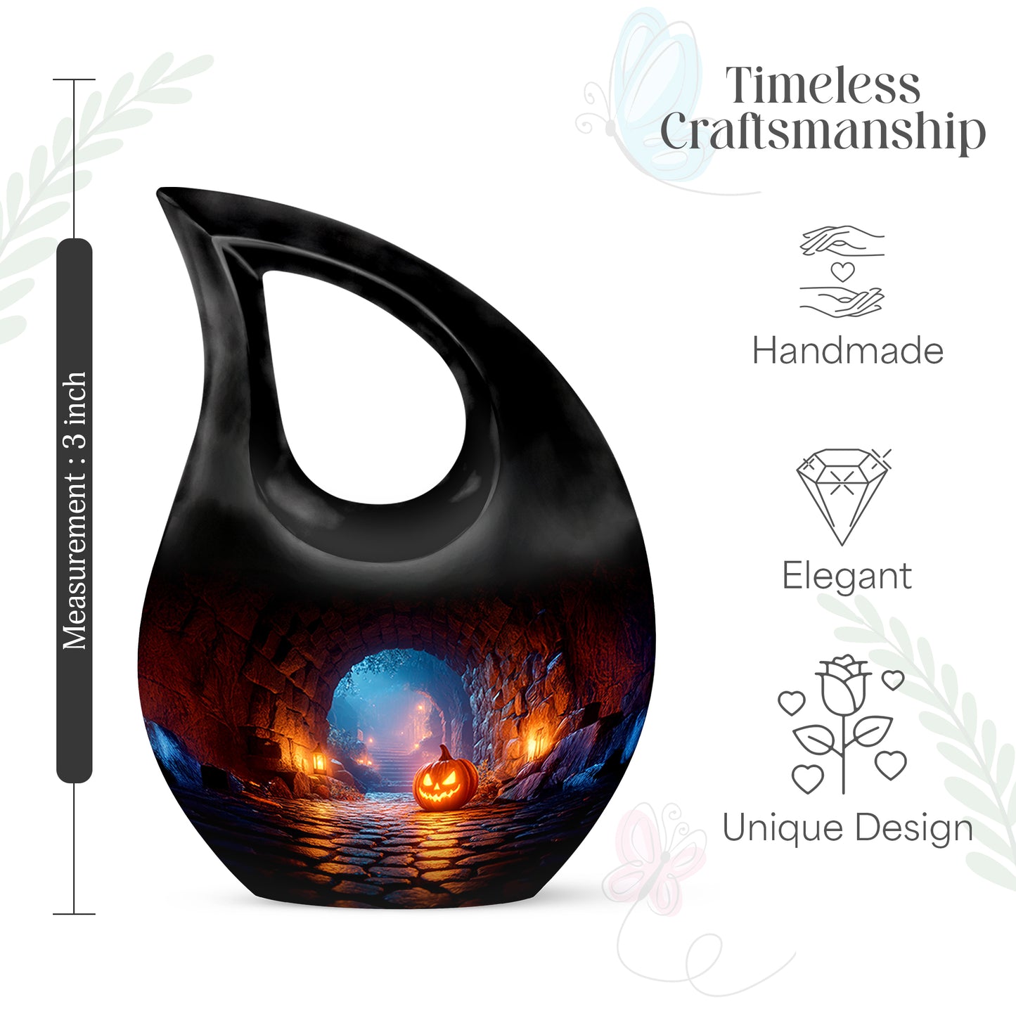 Midnight Black Halloween Cremation Urn back view with polished surface - faith-inspired cross-drop urn with halloween pattern - mini keepsake memorial for portion of cremation ashes