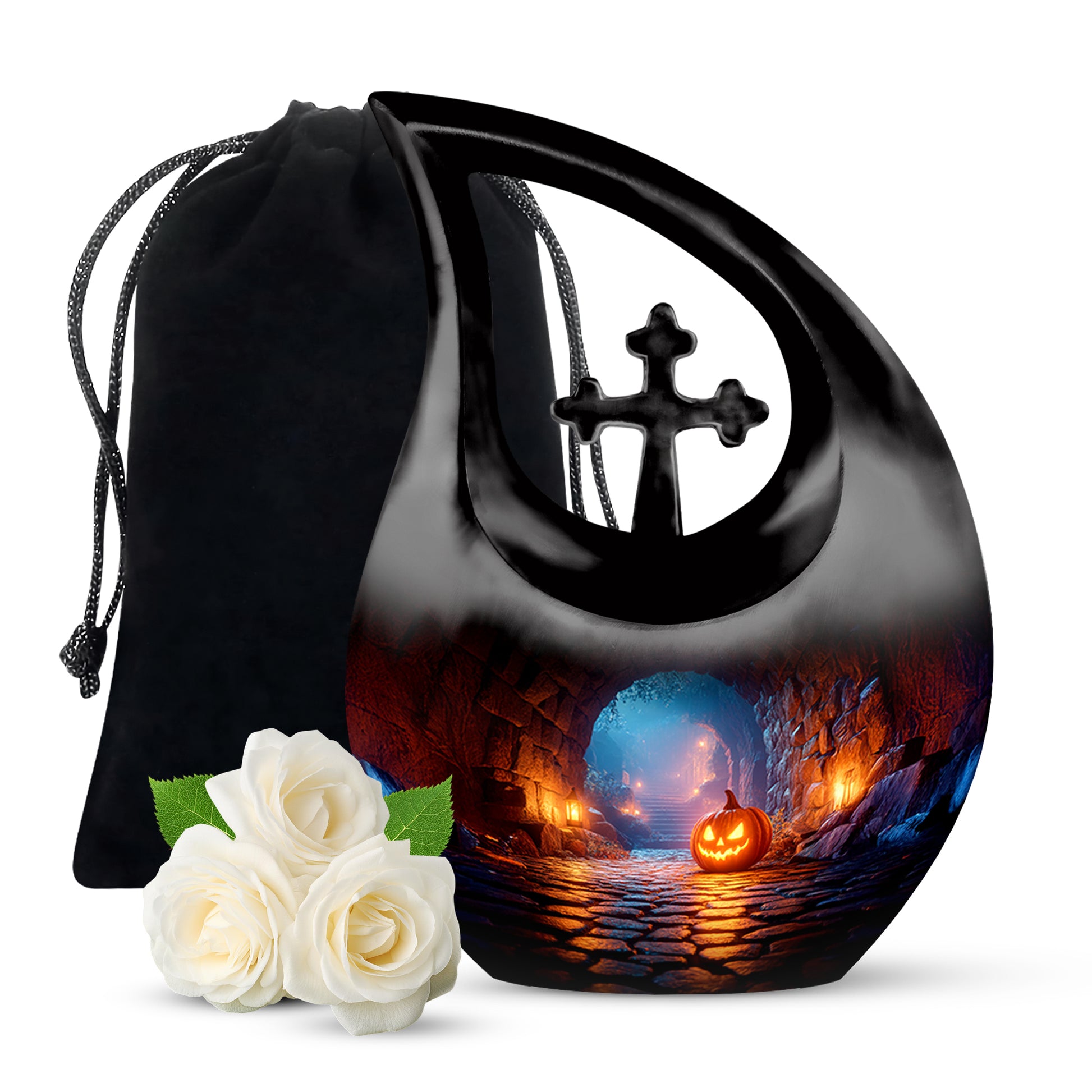 Obsidian Black Halloween Cremation Urn top-down view of secure threaded lid - devotional cross-drop halloween engraving - full-size 10 inch 200 cubic inch adult cremation urn