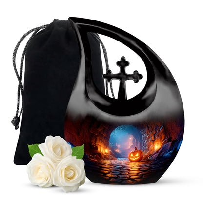 Obsidian Black Halloween Cremation Urn top-down view of secure threaded lid - devotional cross-drop halloween engraving - full-size 10 inch 200 cubic inch adult cremation urn