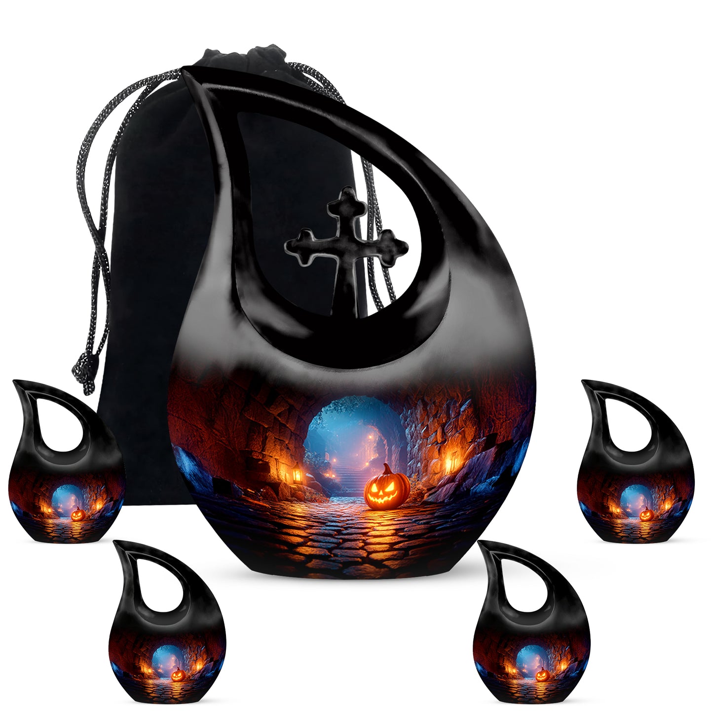 Onyx Black Halloween Cremation Urn urn with complimentary velvet bag - devotional cross-drop halloween engraving - memorial set with one large and four small urns