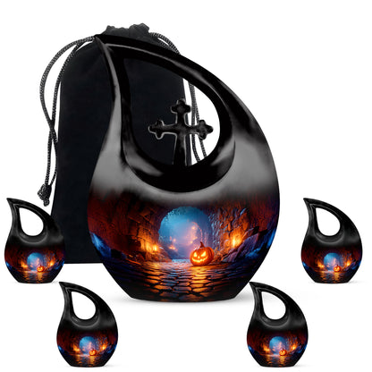 Onyx Black Halloween Cremation Urn urn with complimentary velvet bag - devotional cross-drop halloween engraving - memorial set with one large and four small urns
