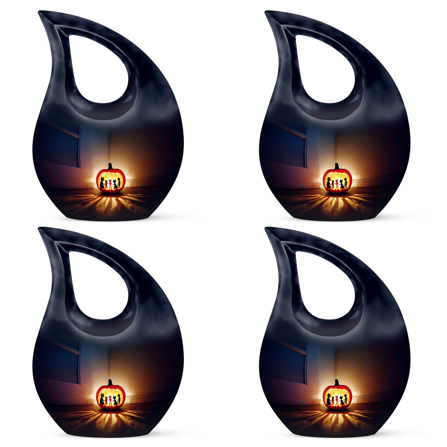 Icy Blue Halloween Cremation Urn lifestyle display on memorial shelf - sacred cross merged with halloween motif on metal - 10 inch aluminum urn for cremated remains