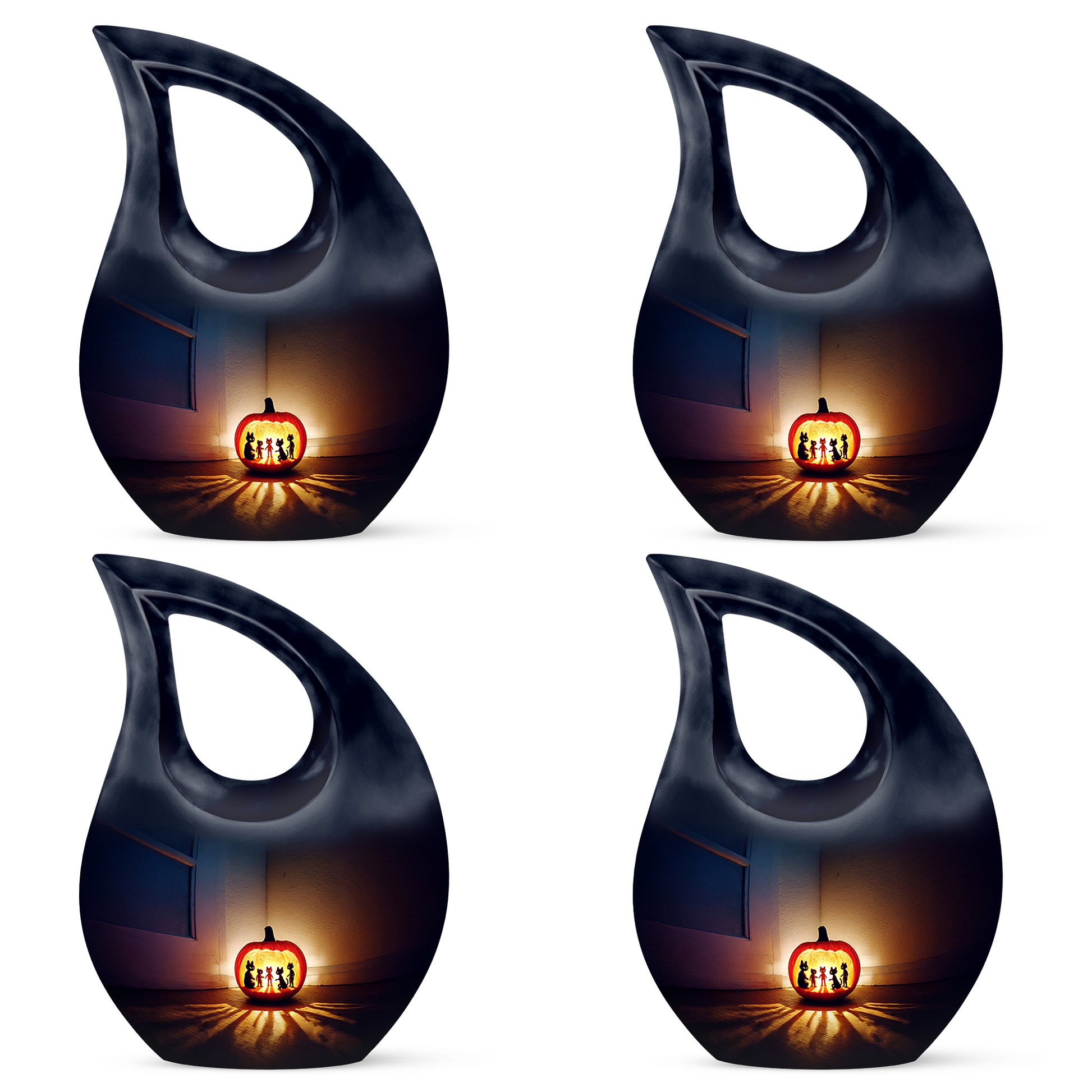 Icy Blue Halloween Cremation Urn lifestyle display on memorial shelf - sacred cross merged with halloween motif on metal - 10 inch aluminum urn for cremated remains