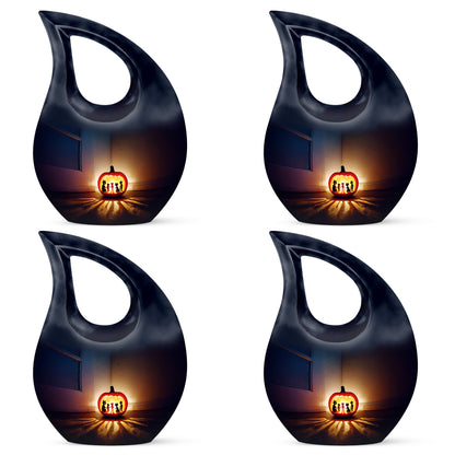 Icy Blue Halloween Cremation Urn lifestyle display on memorial shelf - sacred cross merged with halloween motif on metal - 10 inch aluminum urn for cremated remains
