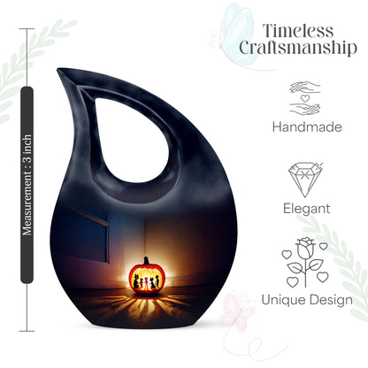 Calming Blue Halloween Cremation Urn back view with polished surface - devotional cross-drop halloween engraving - mini keepsake memorial for portion of cremation ashes