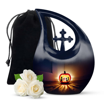 Azure Halloween Cremation Urn top-down view of secure threaded lid - sacred cross merged with halloween motif on metal - full-size 10 inch 200 cubic inch adult cremation urn