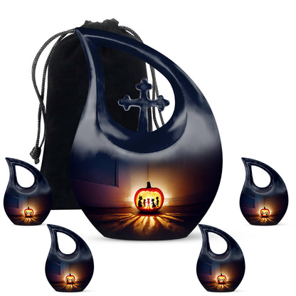 Navy Blue Halloween Cremation Urn urn with complimentary velvet bag - cross and halloween combined in spiritual memorial design - memorial set with one large and four small urns