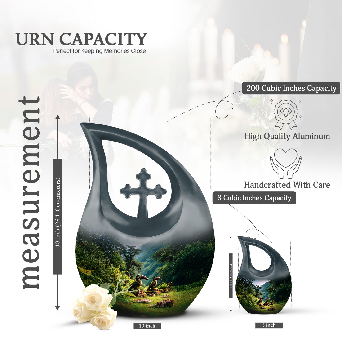 Calming Blue Hornbill Cremation Urn back view with polished surface - faith-inspired cross-drop urn with hornbill pattern - mini keepsake memorial for portion of cremation ashes