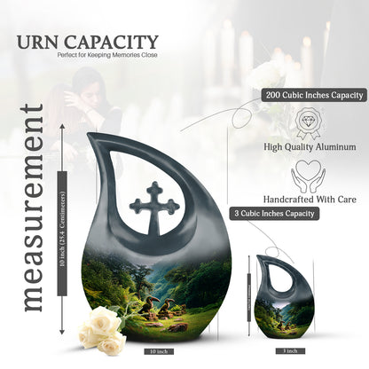 Calming Blue Hornbill Cremation Urn back view with polished surface - faith-inspired cross-drop urn with hornbill pattern - mini keepsake memorial for portion of cremation ashes