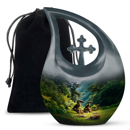 Slate Blue Hornbill Cremation Urn top-down view of secure threaded lid - cross and hornbill combined in spiritual memorial design - full-size 10 inch 200 cubic inch adult cremation urn
