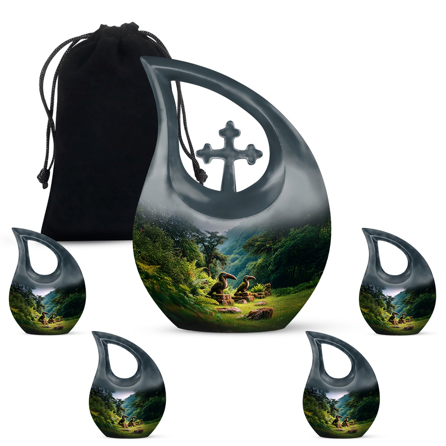 Bright Blue Hornbill Cremation Urn urn with complimentary velvet bag - devotional cross-drop hornbill engraving - memorial set with one large and four small urns