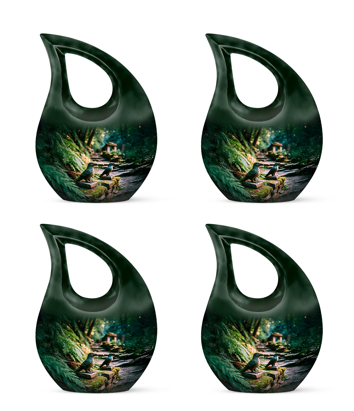 Moss Green Hornbill Cremation Urn lifestyle display on memorial shelf - sacred cross merged with hornbill motif on metal - 10 inch aluminum urn for cremated remains