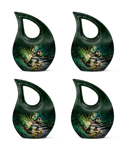 Moss Green Hornbill Cremation Urn lifestyle display on memorial shelf - sacred cross merged with hornbill motif on metal - 10 inch aluminum urn for cremated remains