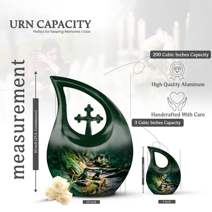 Emerald Green Hornbill Cremation Urn back view with polished surface - sacred cross merged with hornbill motif on metal - mini keepsake memorial for portion of cremation ashes