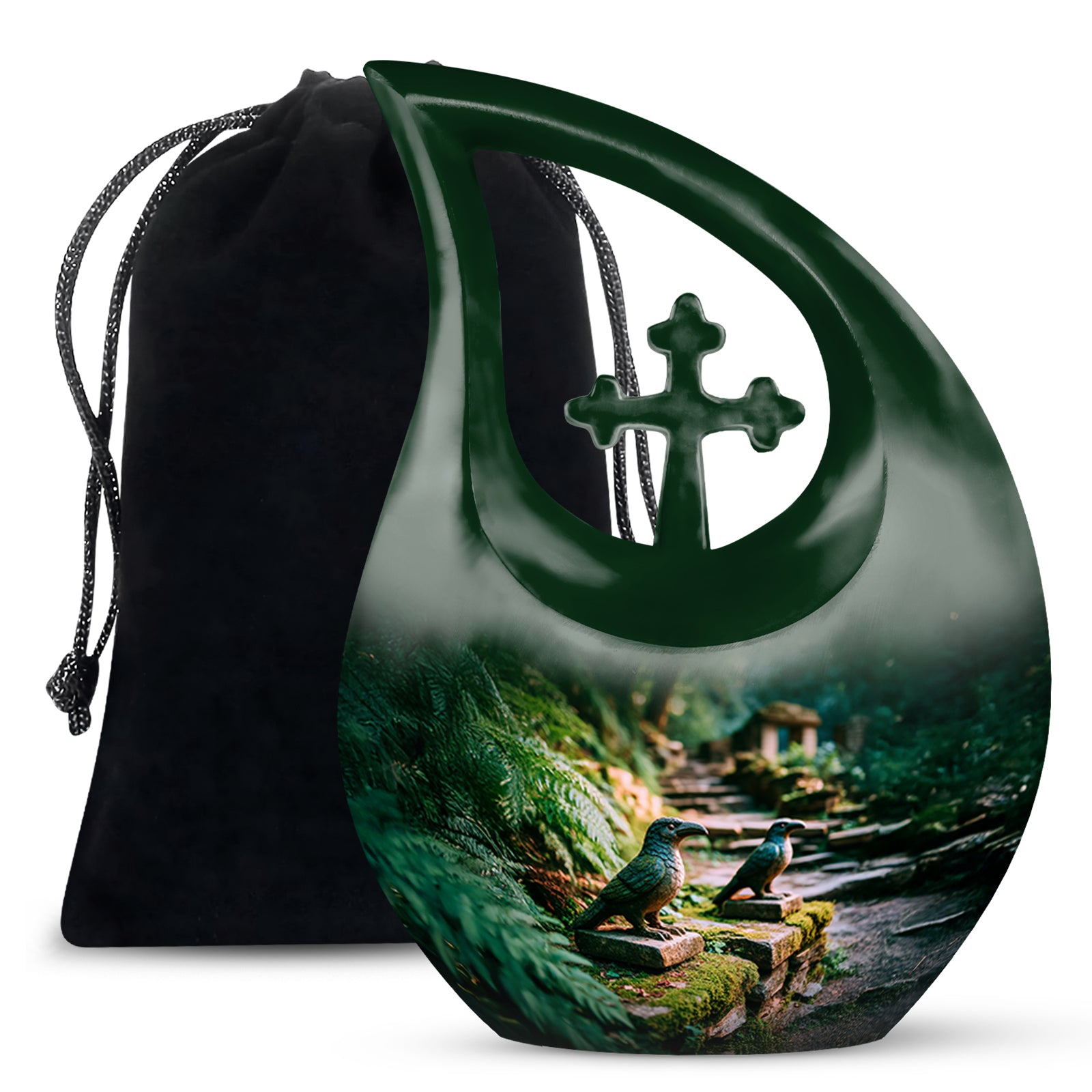 Verdant Green Hornbill Cremation Urn top-down view of secure threaded lid - sacred cross merged with hornbill motif on metal - full-size 10 inch 200 cubic inch adult cremation urn