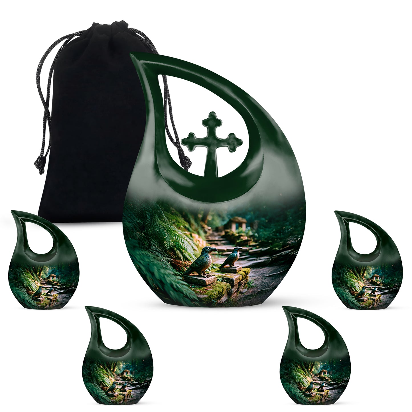 Pine Green Hornbill Cremation Urn urn with complimentary velvet bag - devotional cross-drop hornbill engraving - memorial set with one large and four small urns