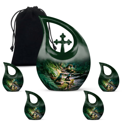 Pine Green Hornbill Cremation Urn urn with complimentary velvet bag - devotional cross-drop hornbill engraving - memorial set with one large and four small urns