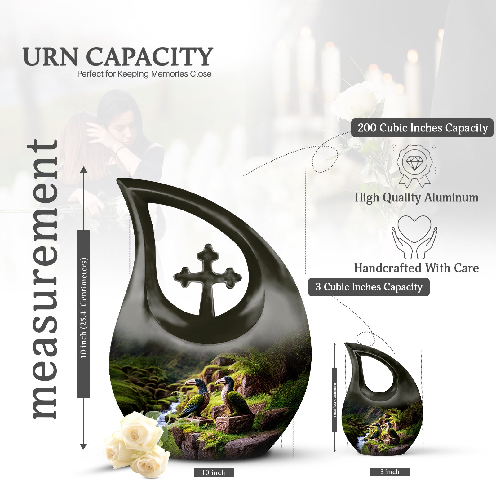 Antique Gold Hornbill Cremation Urn back view with polished surface - sacred cross merged with hornbill motif on metal - mini keepsake memorial for portion of cremation ashes