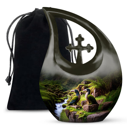 Amber Gold Hornbill Cremation Urn top-down view of secure threaded lid - cross and hornbill combined in spiritual memorial design - full-size 10 inch 200 cubic inch adult cremation urn