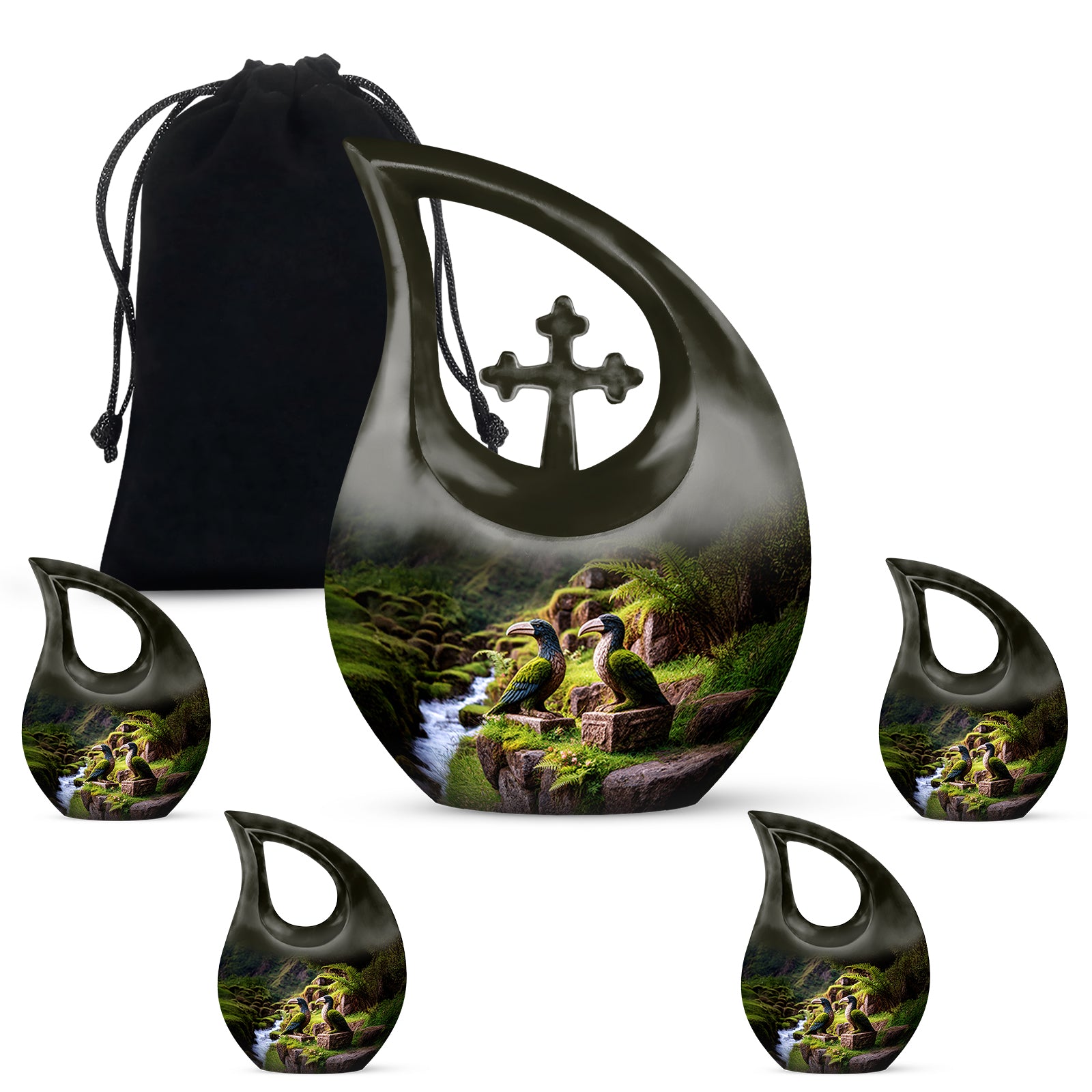 Harvest Gold Hornbill Cremation Urn urn with complimentary velvet bag - faith-inspired cross-drop urn with hornbill pattern - memorial set with one large and four small urns