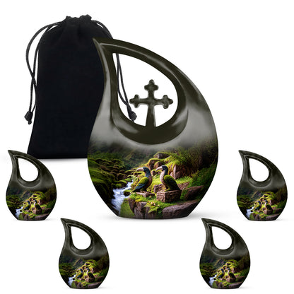 Harvest Gold Hornbill Cremation Urn urn with complimentary velvet bag - faith-inspired cross-drop urn with hornbill pattern - memorial set with one large and four small urns