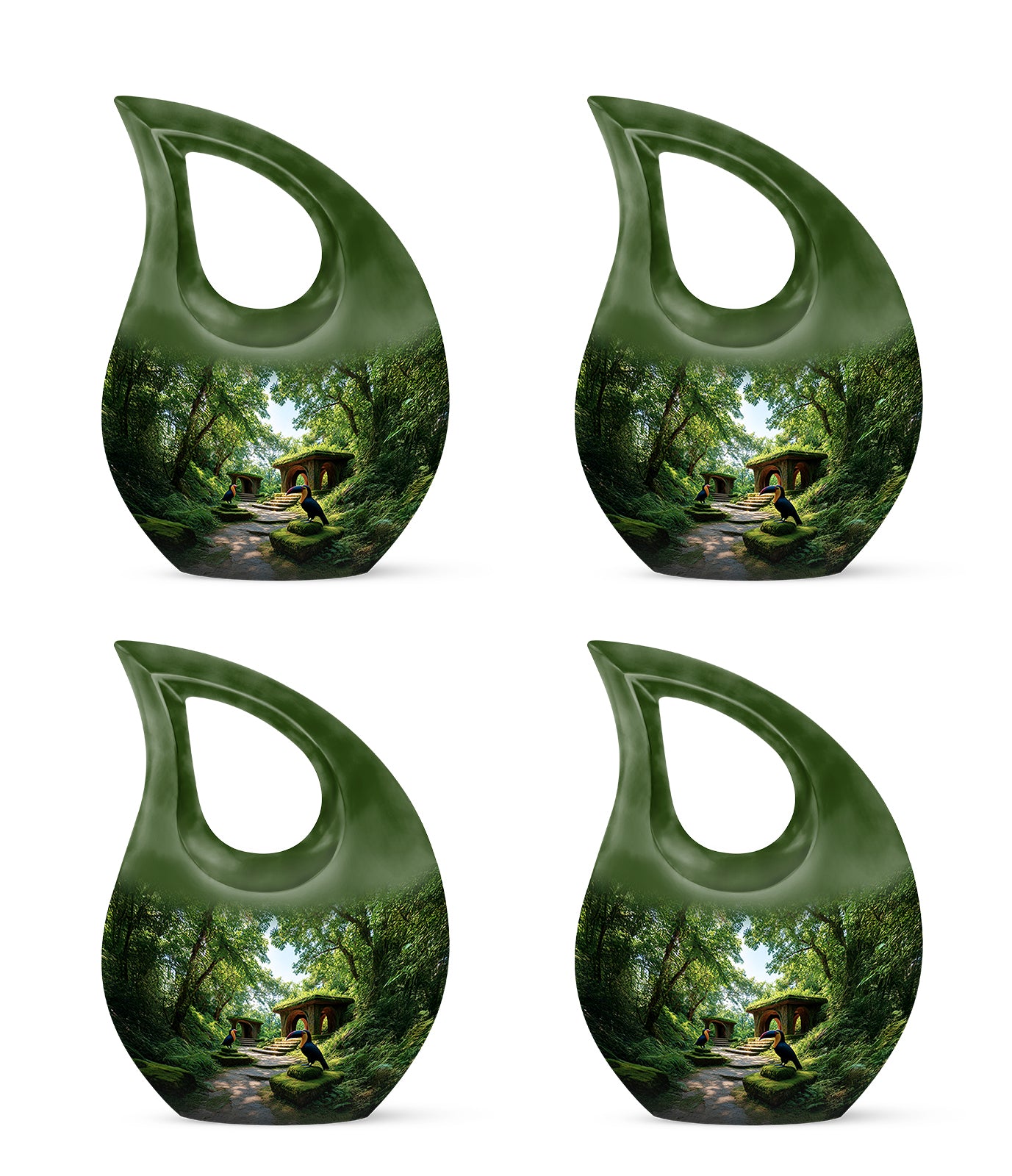 Emerald Green Hornbill Cremation Urn lifestyle display on memorial shelf - cross and hornbill combined in spiritual memorial design - 10 inch aluminum urn for cremated remains