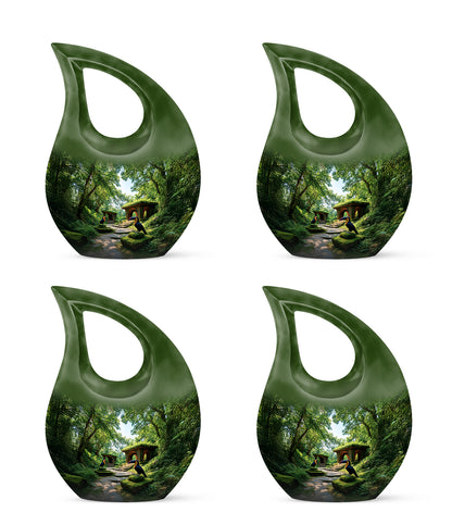 Emerald Green Hornbill Cremation Urn lifestyle display on memorial shelf - cross and hornbill combined in spiritual memorial design - 10 inch aluminum urn for cremated remains