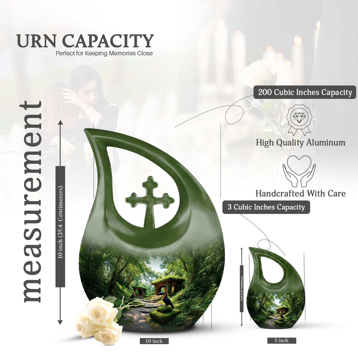 Moss Green Hornbill Cremation Urn back view with polished surface - cross and hornbill combined in spiritual memorial design - mini keepsake memorial for portion of cremation ashes
