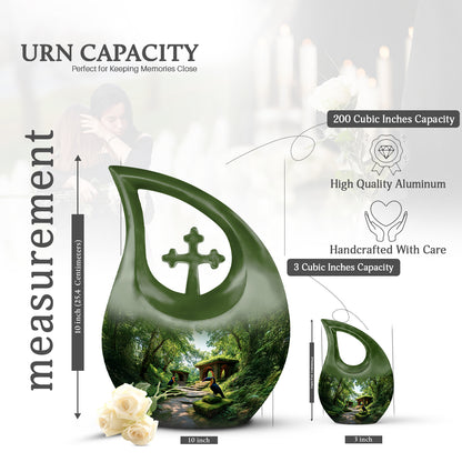 Moss Green Hornbill Cremation Urn back view with polished surface - cross and hornbill combined in spiritual memorial design - mini keepsake memorial for portion of cremation ashes
