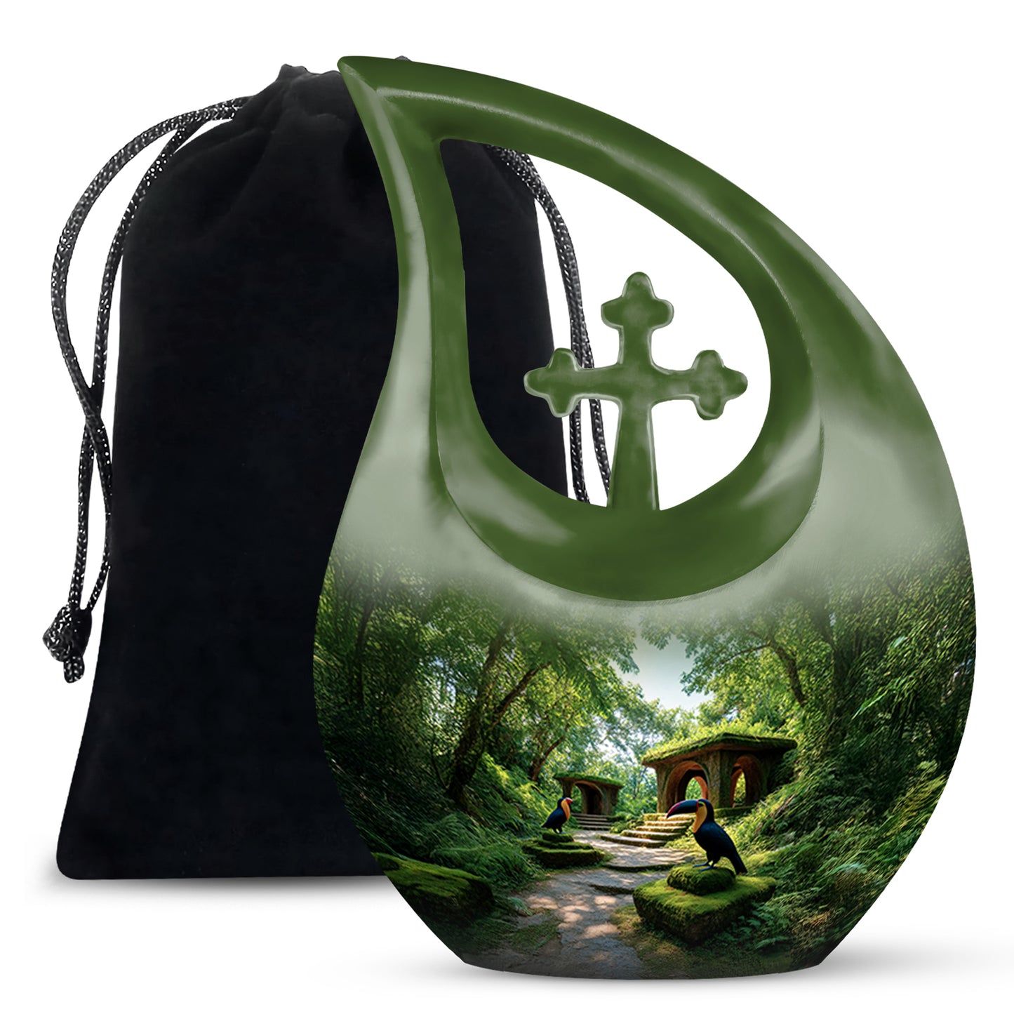 Forest Green Hornbill Cremation Urn top-down view of secure threaded lid - devotional cross-drop hornbill engraving - full-size 10 inch 200 cubic inch adult cremation urn